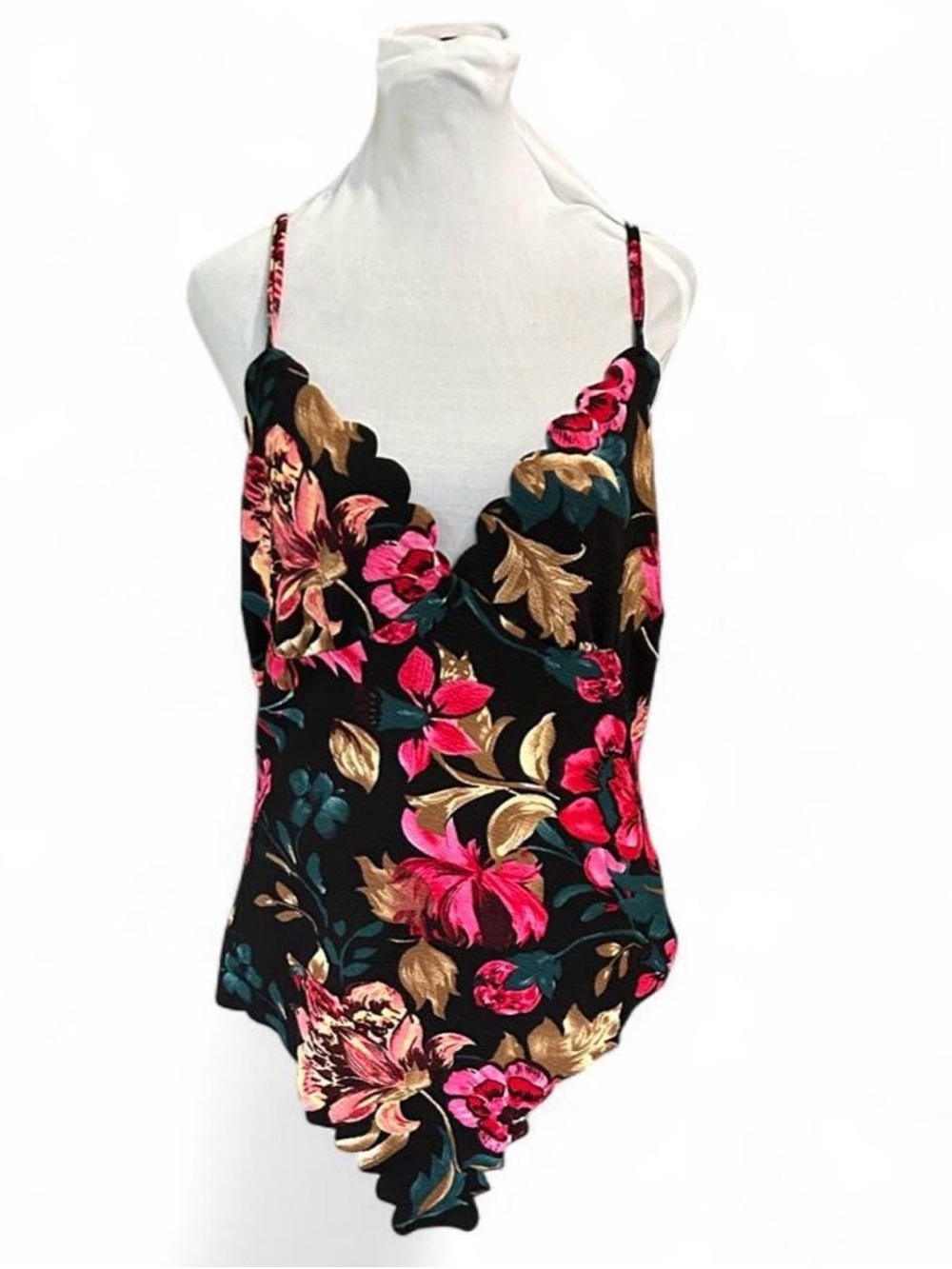 SHEIN black & pink floral polyester & elastane bodysuit in XL